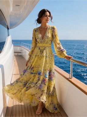 Camilla Yellow Floral V-Neck Long Sleeve Maxi Dress